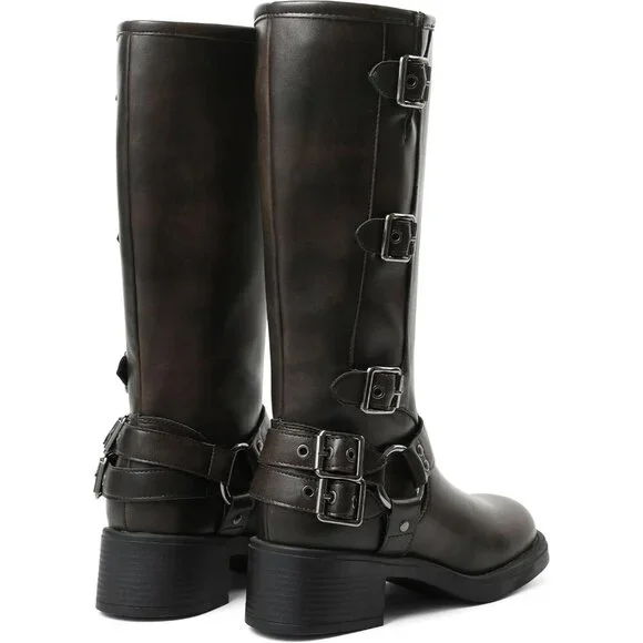 Women's Brown AMINUGAL Knee High Boots Square Toe Wide Calf Chunky Heel - Picture 4 of 6